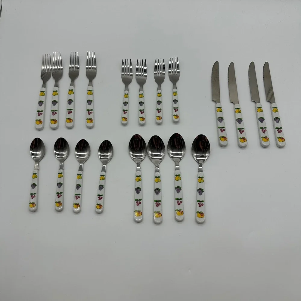VTG Fruit Handle Flatware Set 20pc Service for 4 Stainless Taiwan plastic Handle